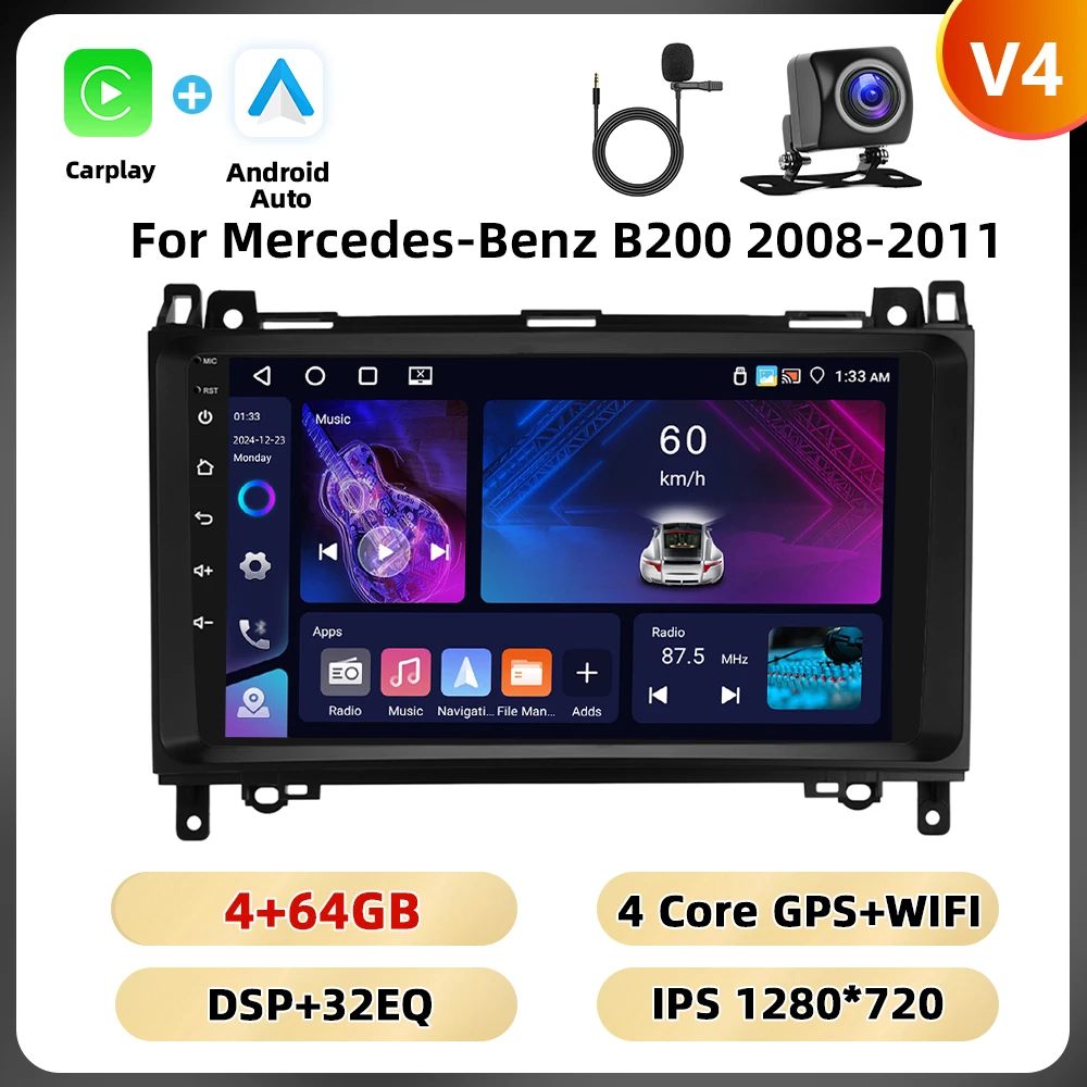 Podofo 8 128G 2din Autoradio Voor Mercedes-Benz B200 2008-2011 Multimediaspeler Navigatie Carplay Android Auto Rds Auto Audio