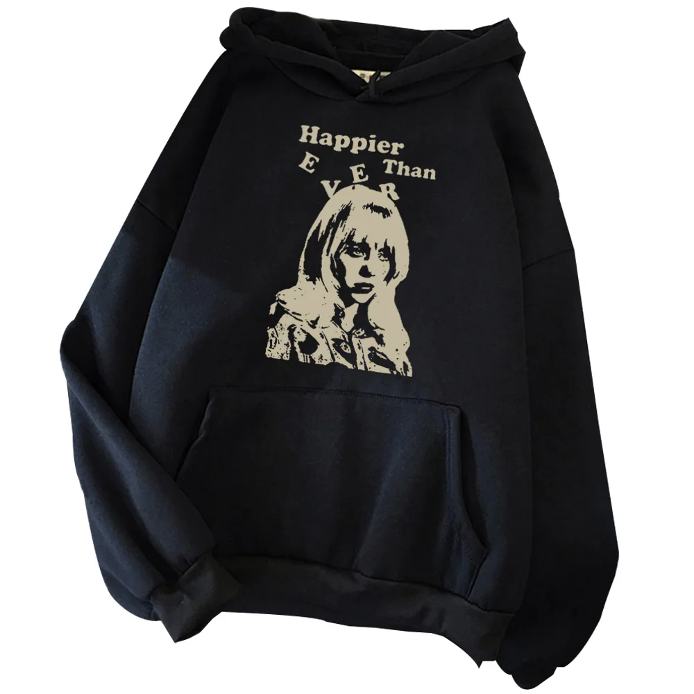 Happier Than Ever Printed Hoodie Happier Than Ever Music Album Hoodie Fan Gift Long Sleeves Fleece Pullover Tops Streetwear