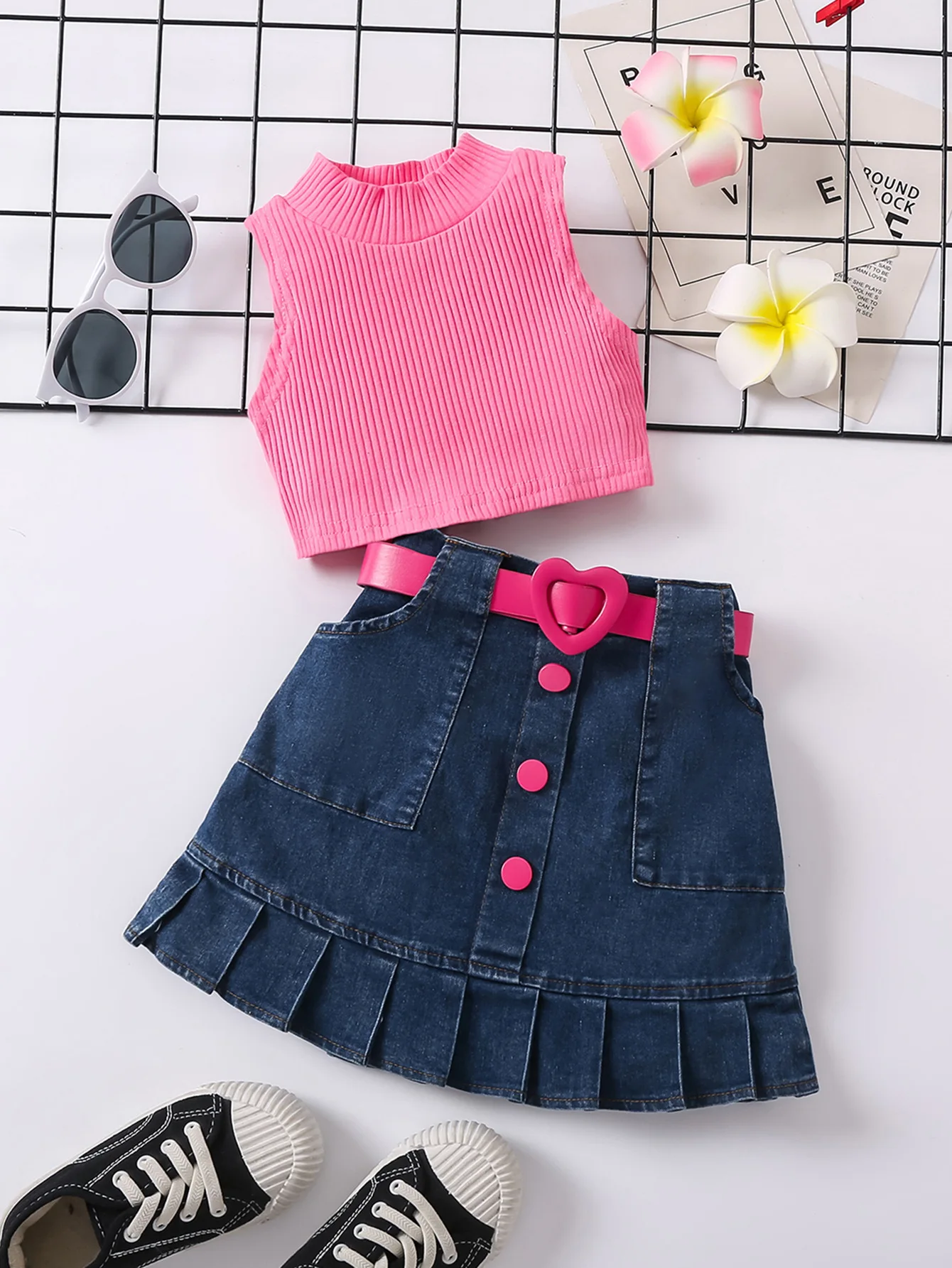 Shiny Toddler Little Girls 2-7 Years Summer Two Pieces Solid Blouse Denim Dress with Belt Clothing Set