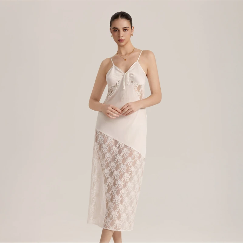 

Sexy and Sexy Semi Transparent Lace Satin Patchwork Camisole Long Skirt, Pure Desire Nightgown for Women