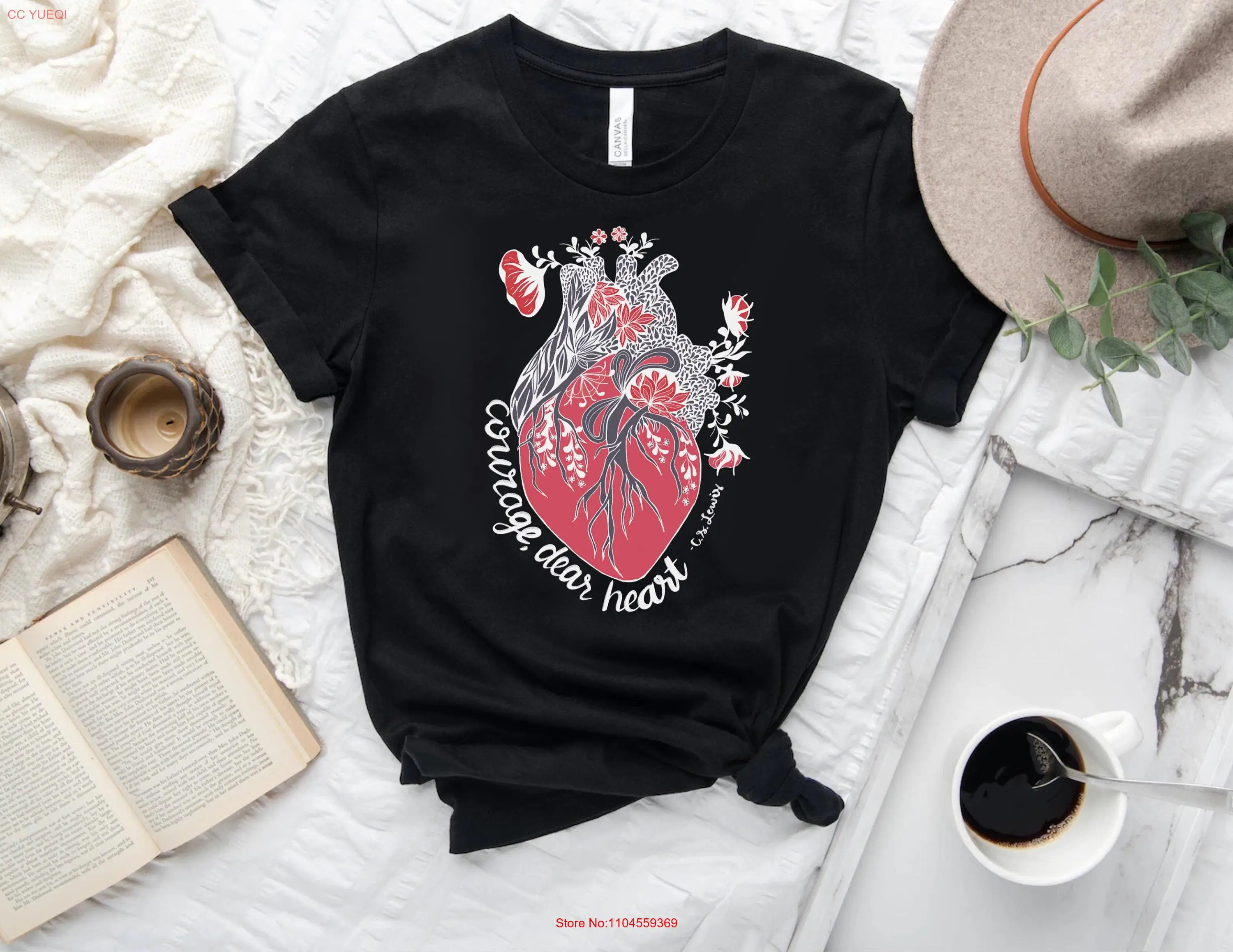 Courage Dear Heart C S Lewis Quote Floral Anatomical Narnia Fantasy Reader Merch for Bibliophile Bookish T Shirt Librarian