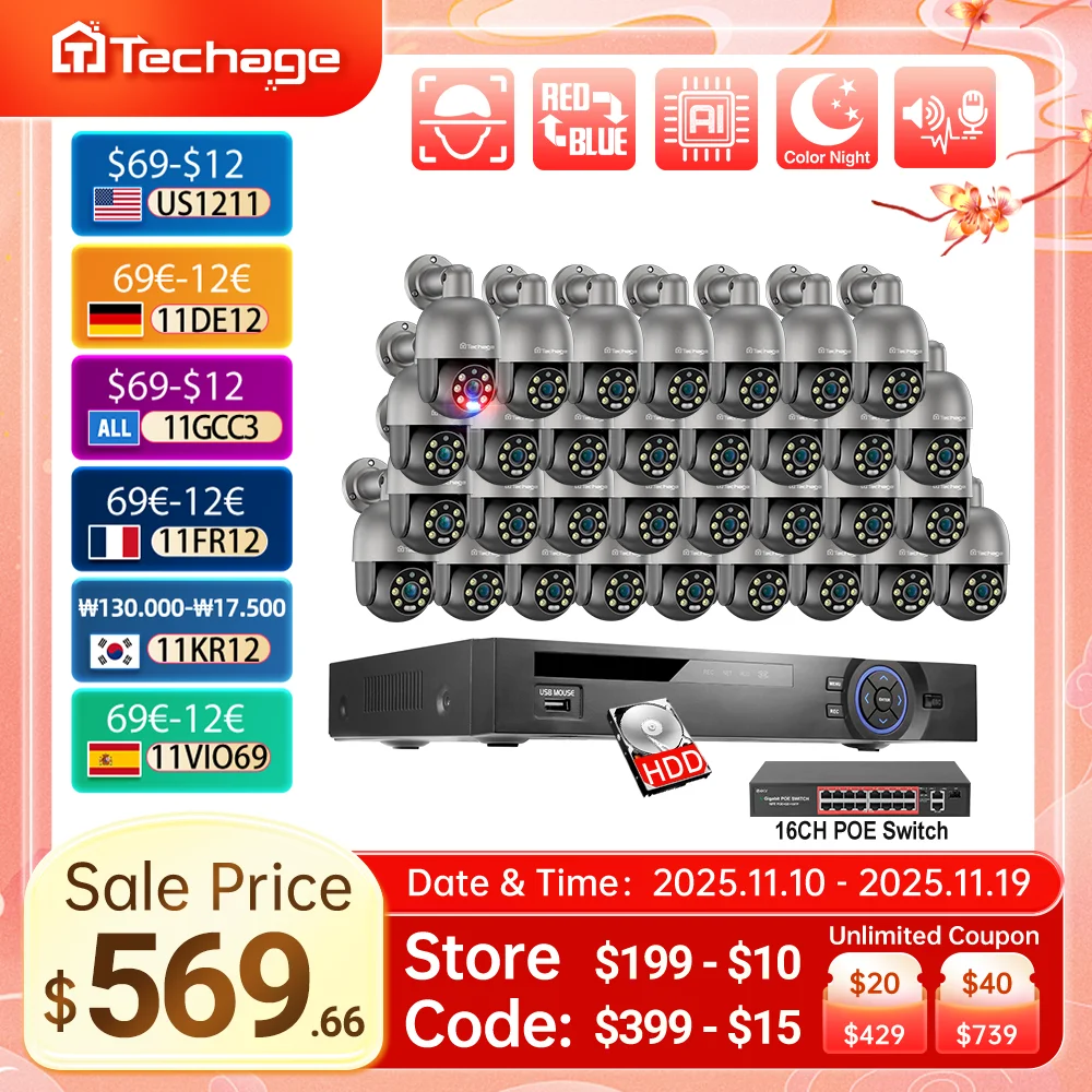 

Techage 36CH 4K 5MP 8MP POE PTZ Camera System Smart Ai Human Detected Two-way Audio Color Night H.26S Security Surveillance Kits