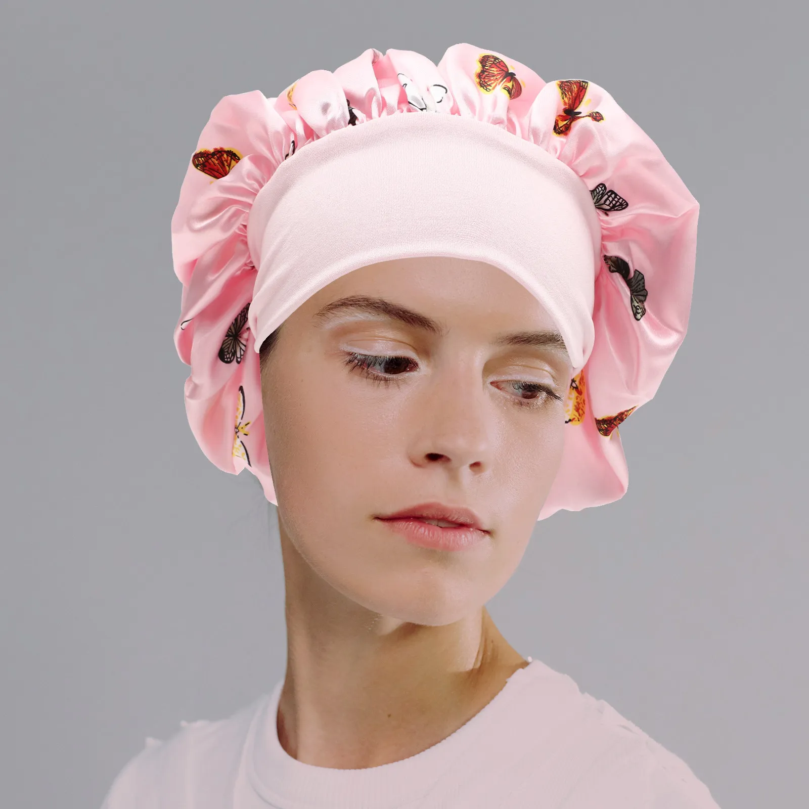 2Pcs Chic Butterfly Floral Satin Sleeping Hat for Women Large Soft Comfortable Hair Bonnet for Curly Long Hair Frizz Control