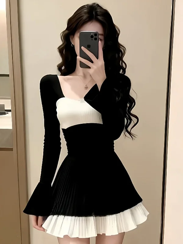 

Новинка 2025: Женское модное платье с U-образным вырезом и длинными рукавами, в стиле колор-блок, с плиссированной короткой юбкой и завышенной талией, класса люкс, осень-зима