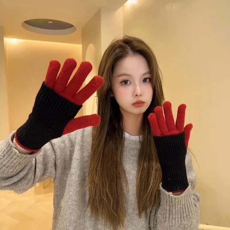 Korean Knitted Touchscreen Gloves Women's Splicing Color Versatile Fashion Two Finger Thick Warm Outdoor Skiing Plush Gloves