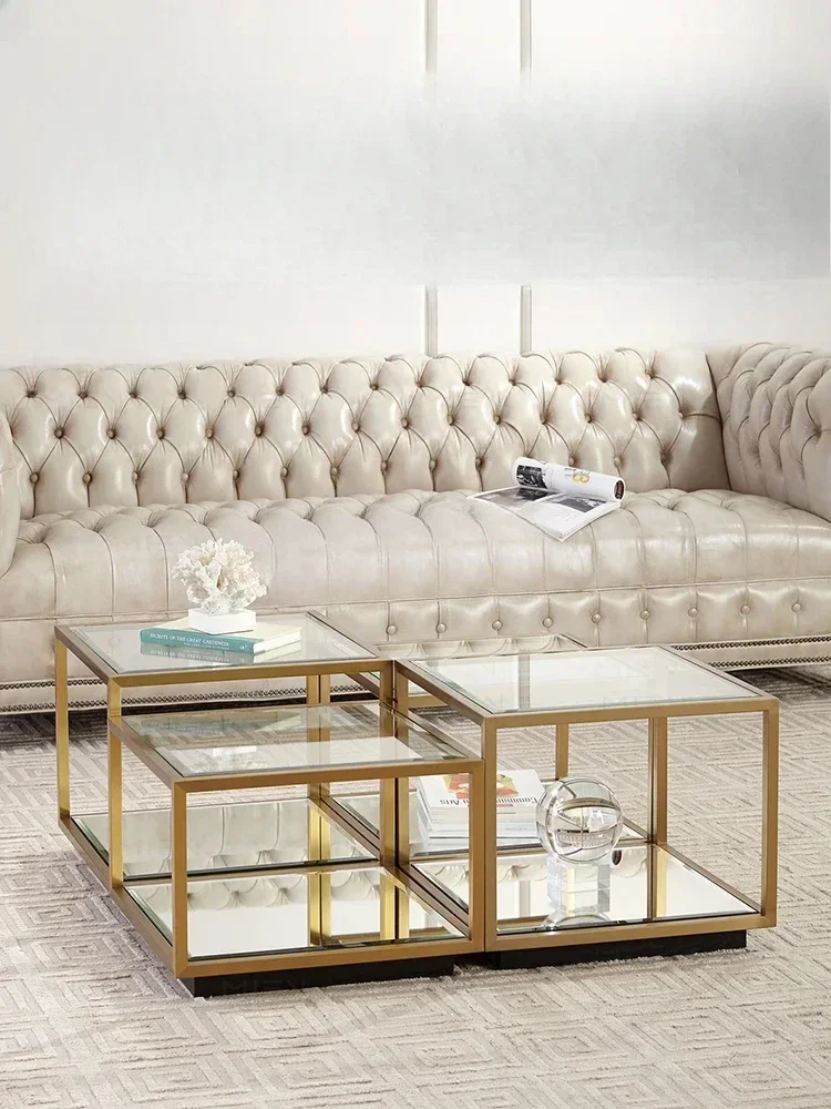 A  Minimal tempered glass coffee table Stainless steel square high and low combination coffee table