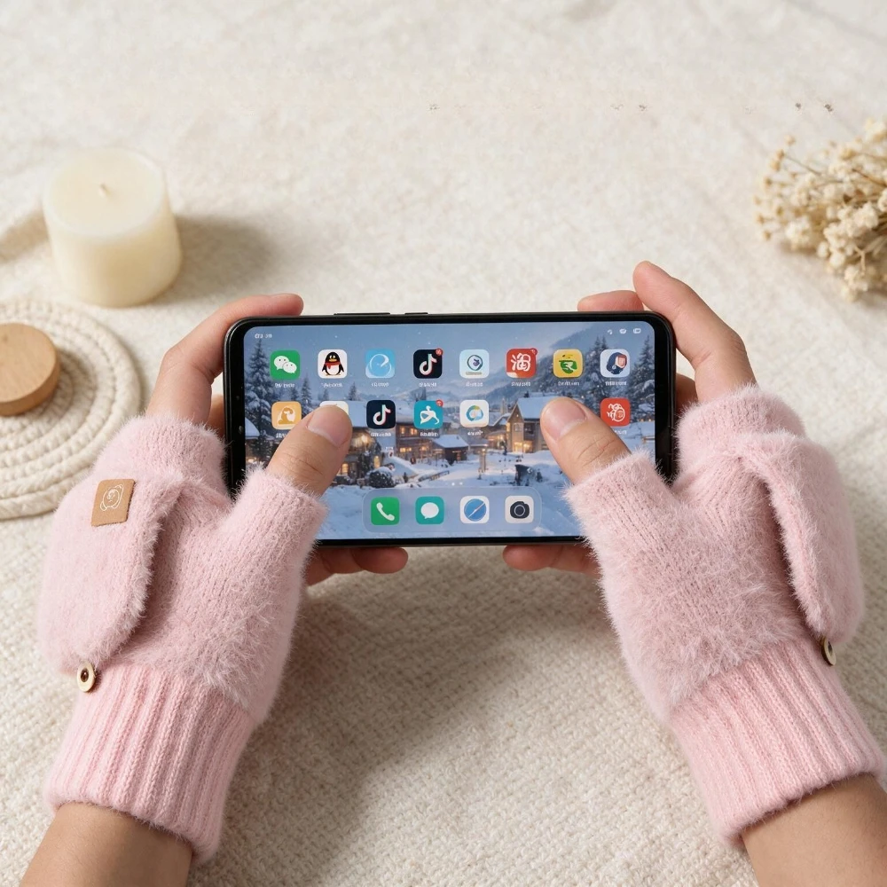 1pair Winter Women's Fuzzy Gloves Flip-Top Student Writing Fingerless Mittens Warm Thick Cute Typing Office Plush Lady Gloves