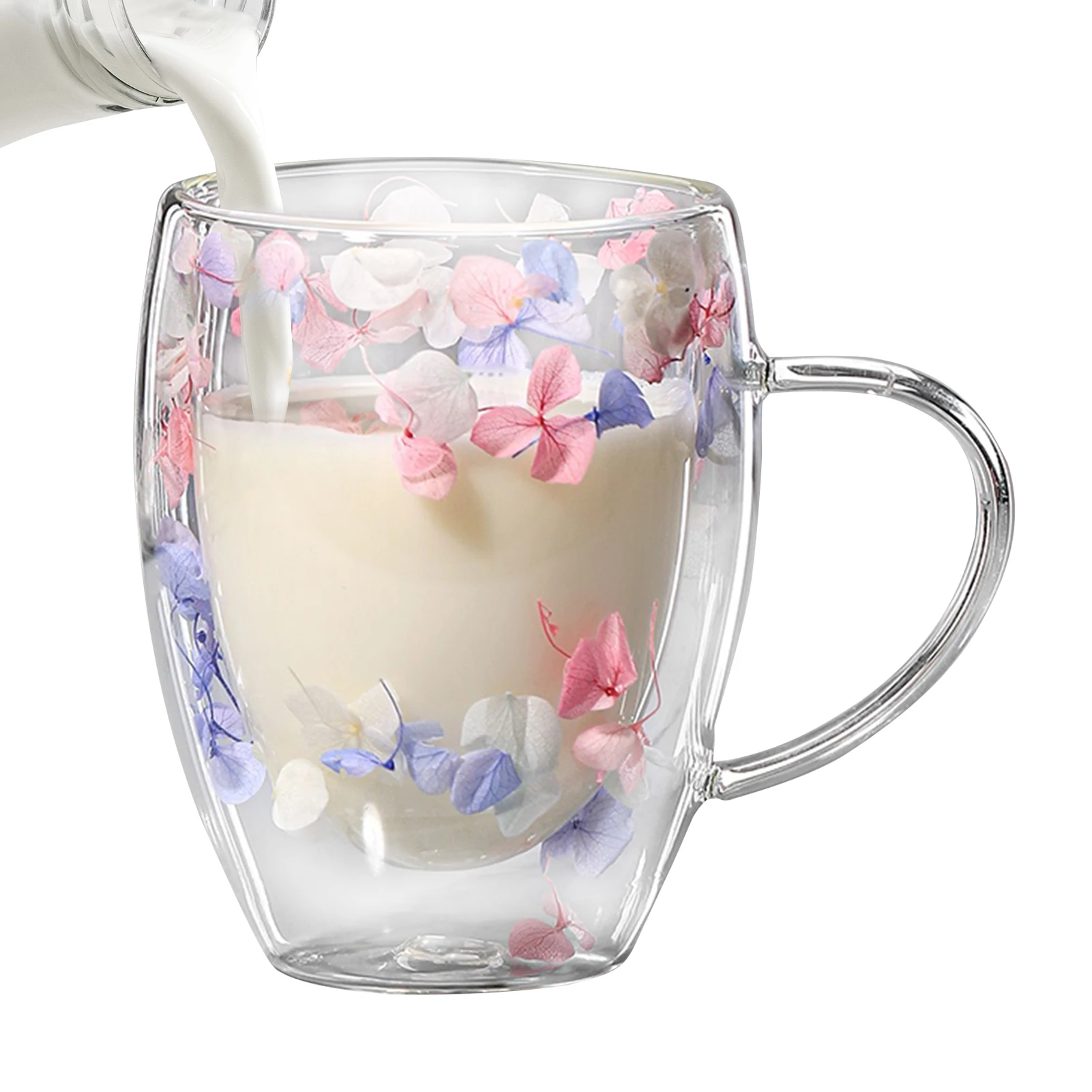 Double Walled Glass Coffee Mugs 350ml Clear Double-Layered Dried Flower Cups Flower Mugs with Handle Heat Resistant Aesthetic