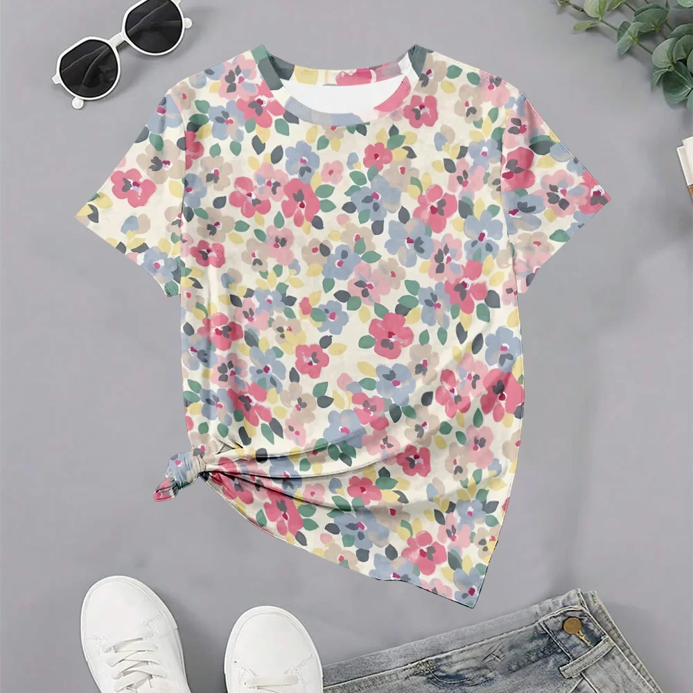 

Женская летняя футболка с современным цветочным узором и ярким узором, повседневная шикарная стильная футболка с круглым вырезом и коротким рукавом