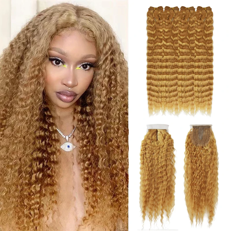 

Loose Deep Wave Synthetic Hair Weave Extensions Highlight Honey Blonde Hair Bundles With Closure for Women 18Inch 5Pieces/Lot