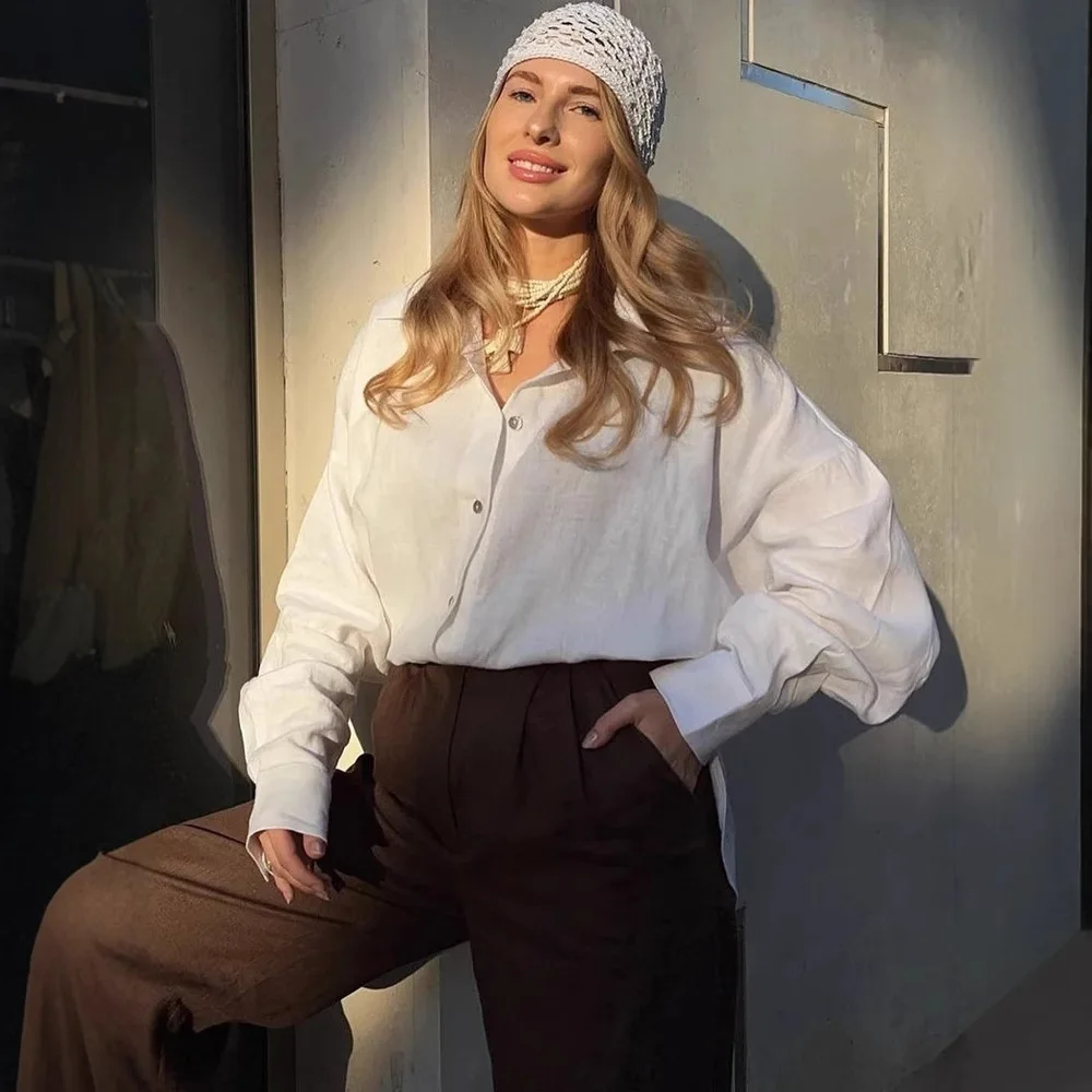 Fashion Loose Women's Shirts Long Sleeve Lapel Oversize Female Blouses 2025 Spring Summer Elegant Pink Cotton Linen Lady Shirts