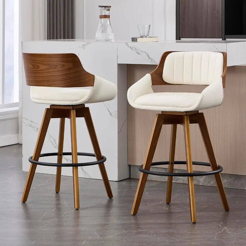 

Set of 2 Walnut Counter Height Swivel Bar Stools with Backrest and Armrests, 26 Beige Faux Leather Upholstered Chairs Customized