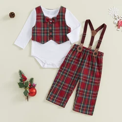 Baby Boy Christmas Party Fomal Outfit Long Sleeve Romper with Plaid Overall Pants Vest Infant Boys Gentleman Outfit