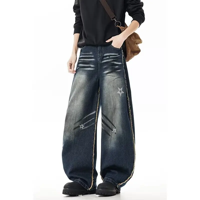 2025 الأمريكية الرجعية Y2K الشارع الشهير القذرة غسلها فضفاض مكدسة الجينز السراويل للرجال الملابس مستقيم سراويل جينز مودا Hombre
