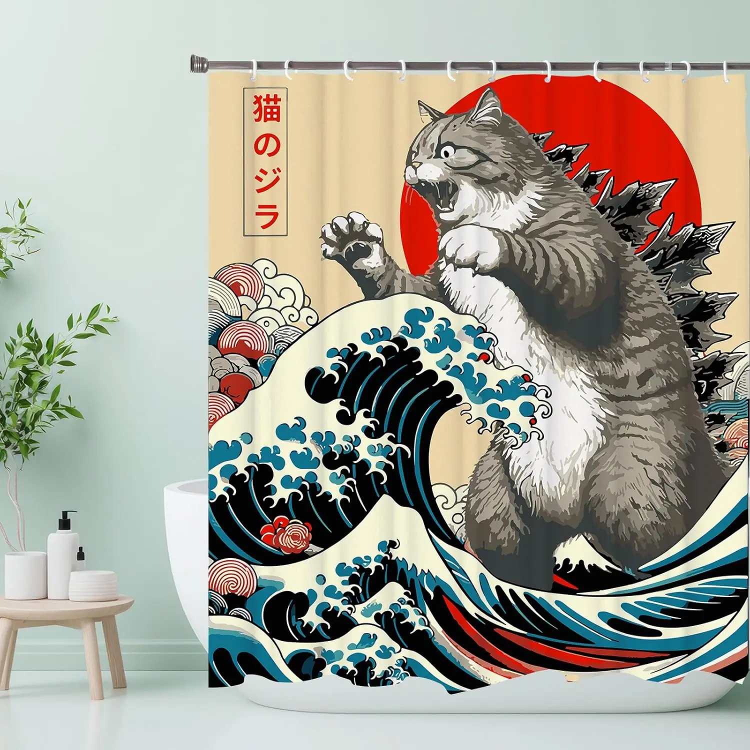 Japanese Cat Shower Curtain, Vintage Anime Sunset Wave Art, Waterproof Fabric with Hooks