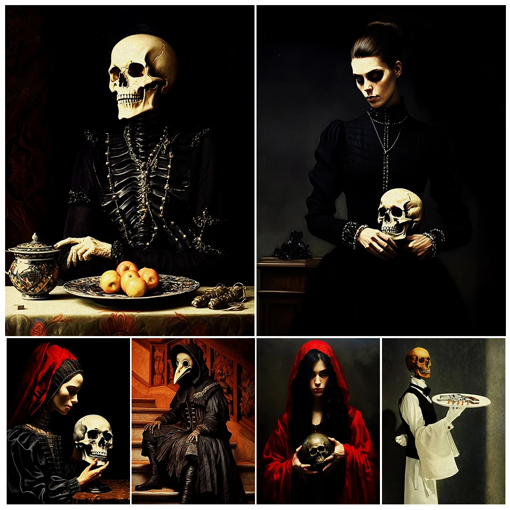 Girl Holding A Skeleton,Plague,Death Vintage Wall Art Canvas Painting Gothic Dark Witchcraft Art Poster And Print Home Decor