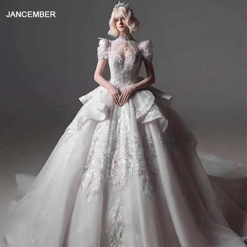 

Jancember International Elegant Wedding Dresses For Women Organza Full Sleeves High Neck Chapel Train Beading Vestido De Noiva