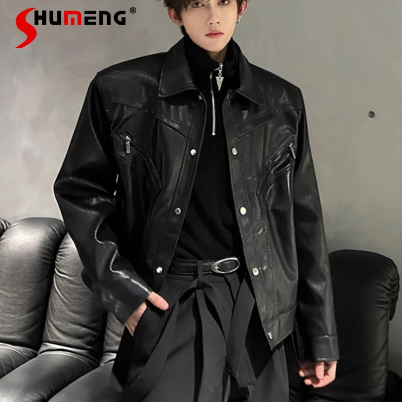 

Men's 2025 Spring Autumn New American Style Handsome Jackets Lapel Motorcycle Jackets Men's Short Padded Shoulder Leather Coats