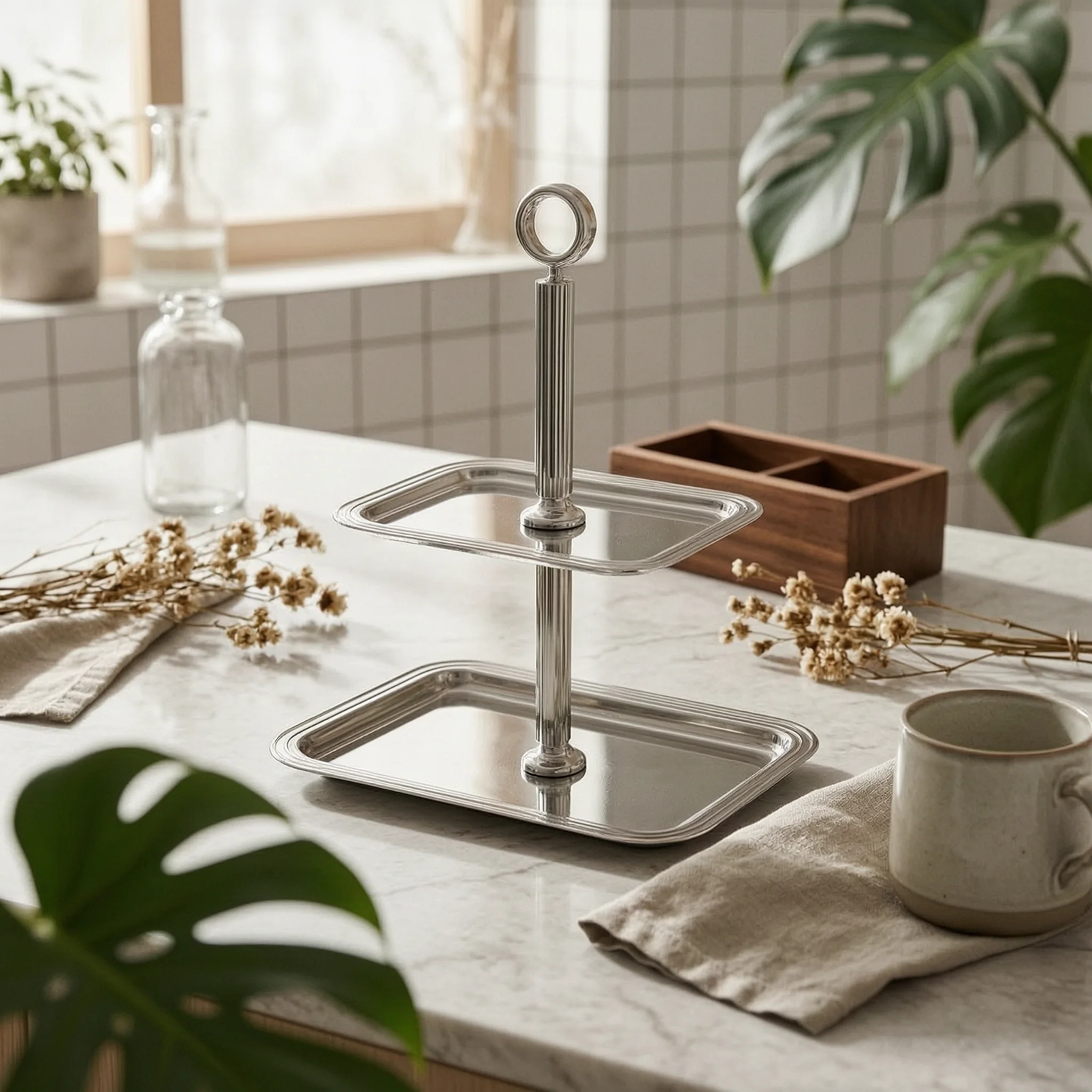 2-Tier Cake Stand Stainless Steel Two-Tier Serving Tray Cake Stand with Handle Double-Layer Easy to Clean for Hosts