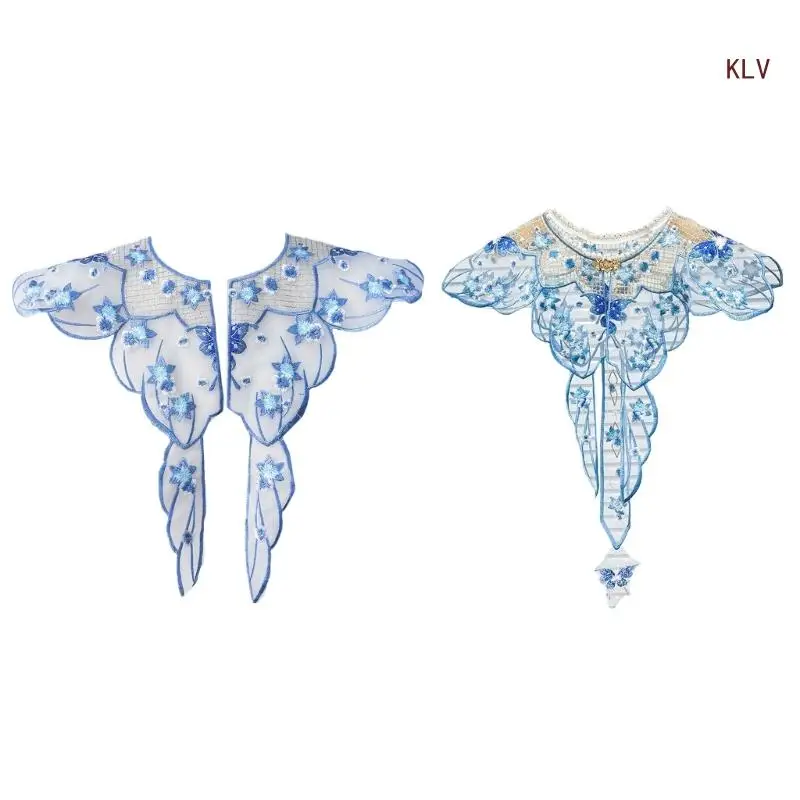 

Women Lightweight Pearls Beaded Detachable Fake Collar Shawl Scarf Embroidery Floral Butterfly Neckline Poncho Capelet