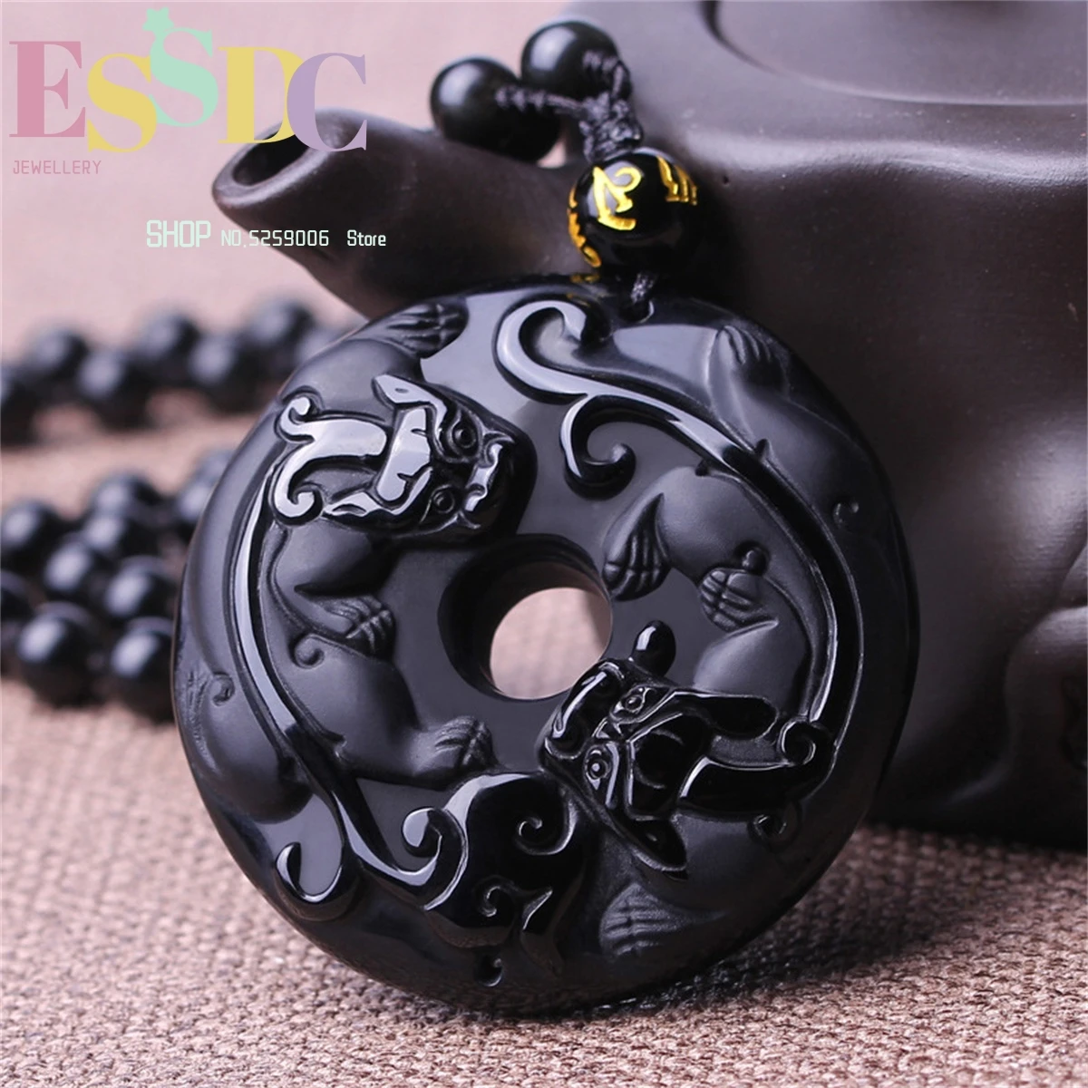 Wholesale Natural Black Obsidian Double Pixiu Hanging Necklace for Men and Women Pendants Jewellery  Amulet Gift Charm Versatile