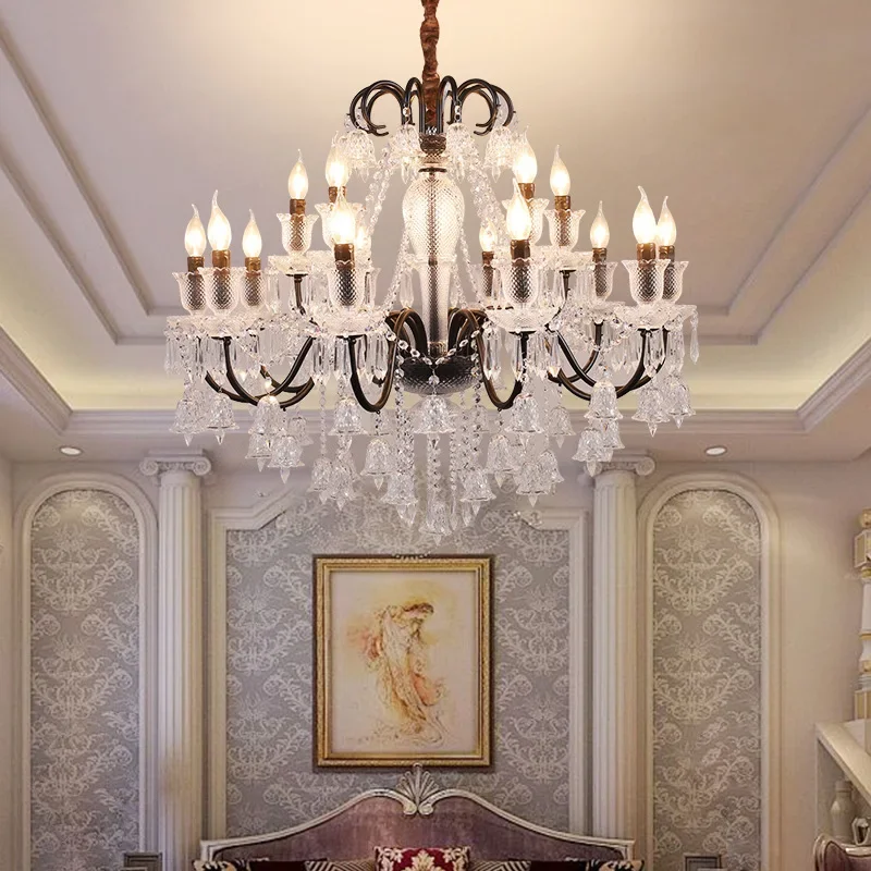 American Retro Crystal Chandelier Black Gold Pendant Light Living Room Dining Room Light Villa Hotel Coffee Shop Pendent Lamp