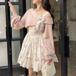 Winter Sweet 2 Piece Dress Set Woman Pink Bow Knitted Coat + Kawaii Mini Dress Female Korean Fashion Beach Party Suit Cute New