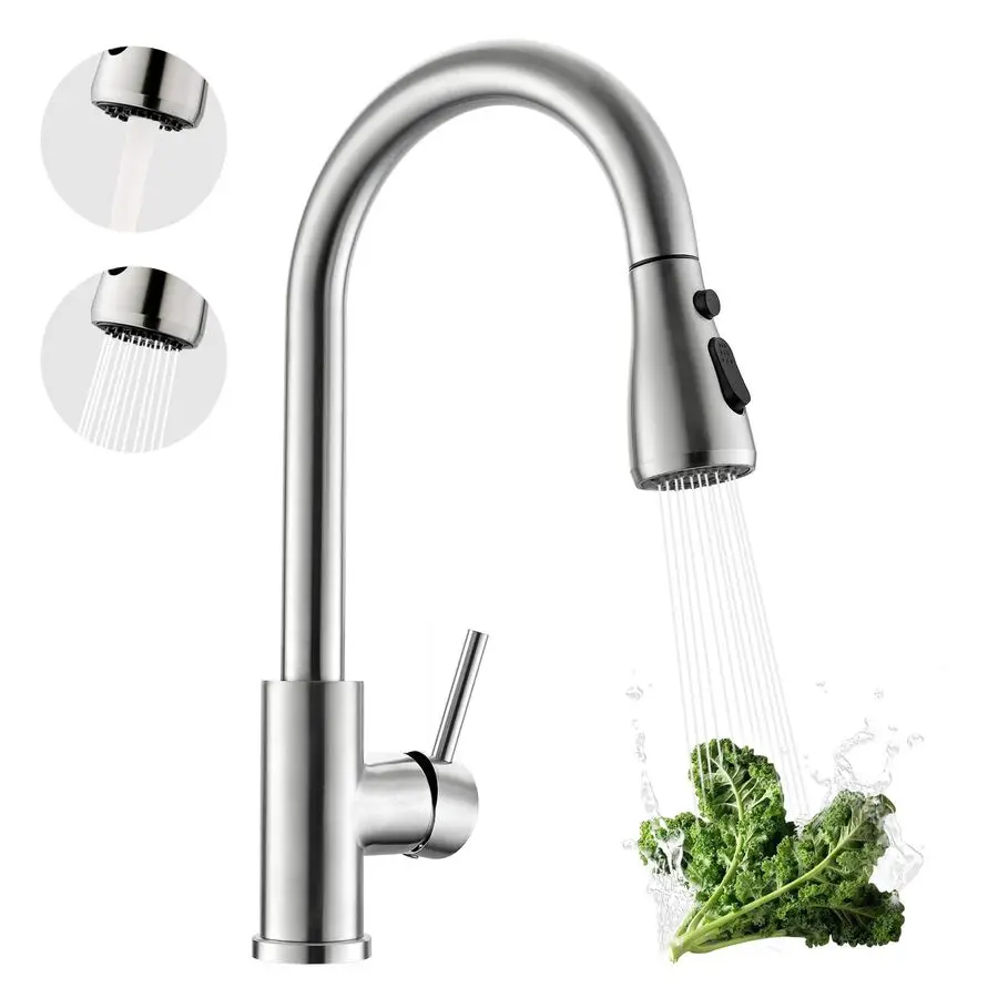 

Kitchen Faucet with Pull Down Sprayer, Zero Leakage 3 Hole Brushed Nickel RV Kitchen Sink Faucet with Water Line, NSF Certified