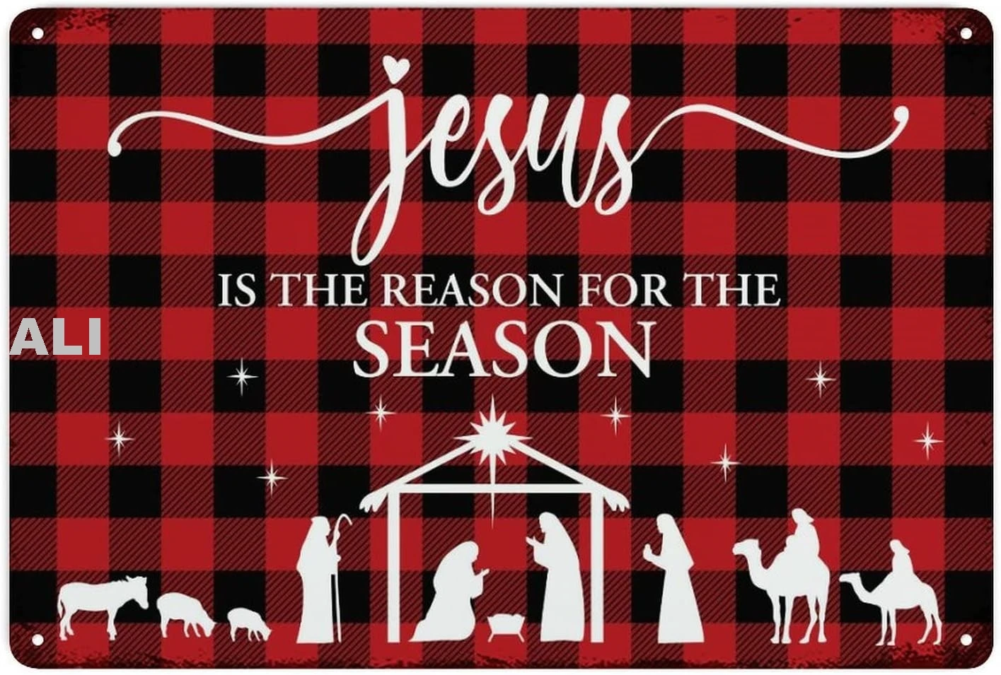 Jesus is The Reason for The Season Red Buffalo Plaid Metal Signs Retro Wall Plaque Metal Tin Sign for Garage Man Cave Kitch sign