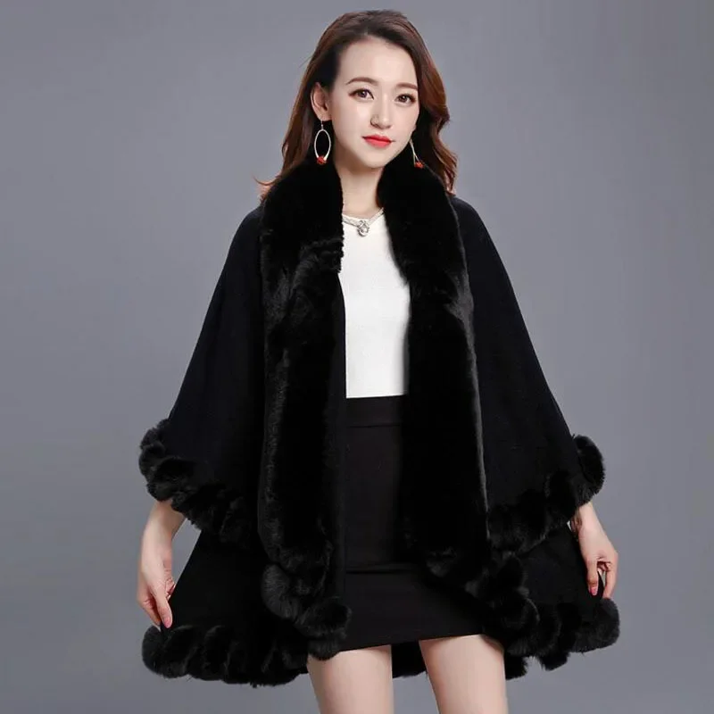 10 Colors 2 Layers Women Winter Cappa Shawl Big Faux Rex Rabbit Fur Collar Long Knited Poncho Overcoat Wraps Fur Pashmina Cloak