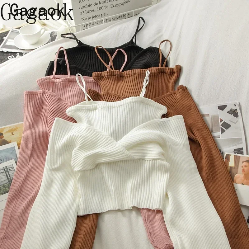 Gagaok Fake Two Sweater Women Top New V-Neck Full Sexy Knitted Sweaters Korean Short Chic Wild Fashion Pullovers