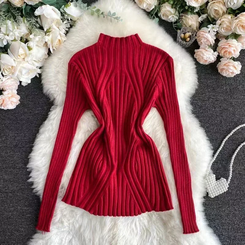 Women Pullover Knitted Sweater Half Turtleneck Jumper Sweater 2024 Spring Autumn Solid Slim Chic Streetwear Long Sleeve Top Y2K