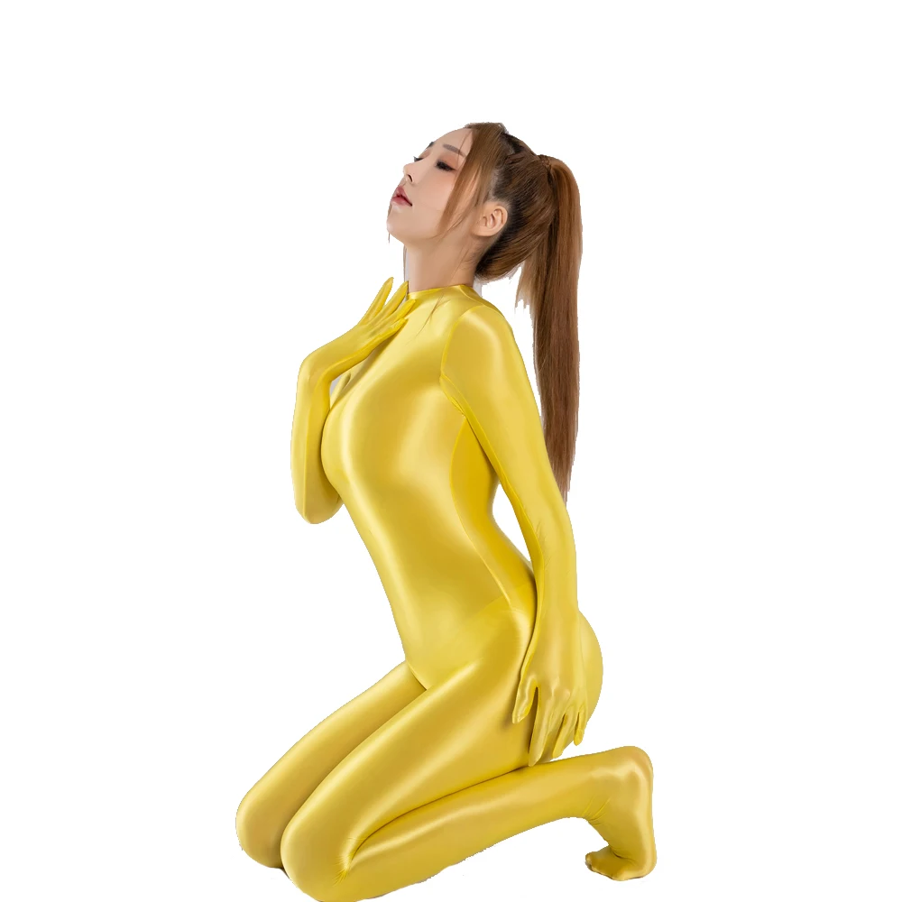 Shiny Glossy Satin Sexy Women\'s Long Sleeve Finger Gloves Zipper Back Full Length One-piece Bodysuit Silky Tights Zentai Catsuit