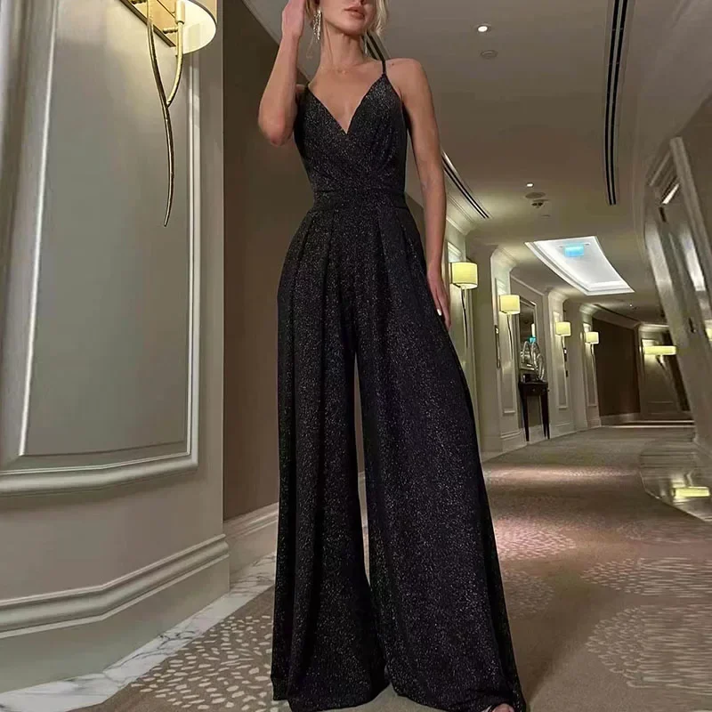 2024 Elegante V-Hals Halter Bretels Jumpsuit Dames Casual Mouwloze Jumpsuit Met Wijde Pijpen Mode Nieuwe Taille Glanzend Feestpak