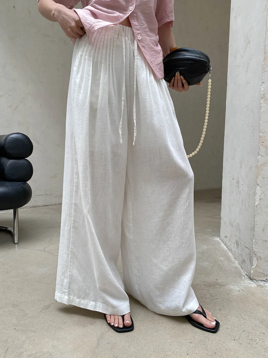 Summer women's solid color pleated high waist wide leg drape casual pants