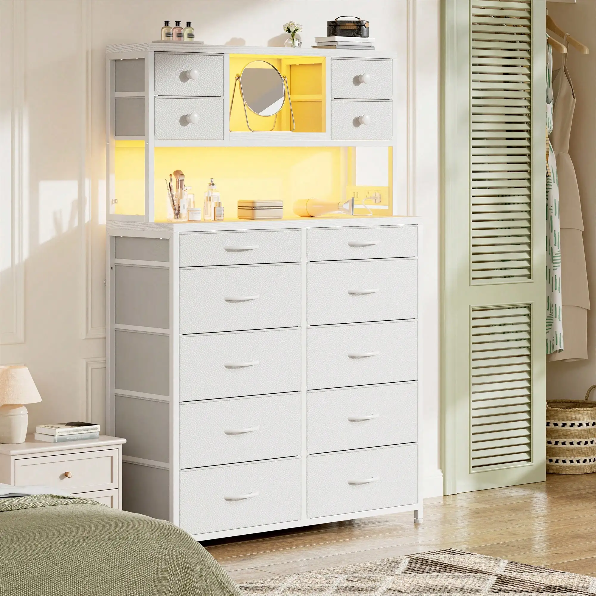 EnHomee Tall 14-Drawer White Dresser With Charging Hub & RGB LED – Durable Fabric Drawers (8L+2M+4S), Open Vanity Shelf, Steel Frame & Wood Top – Ample Storage For Bedroom, Living Room, Or Compact Apartments, White