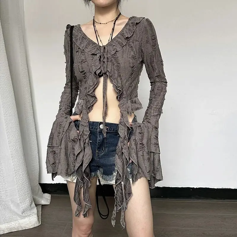 Deeptown Gothic Vintage Y2k Lace Up Shirt Women Aesthetic Crop Irregular Blouses Coquette V Neck Grunge Harajuku Korean Fashion