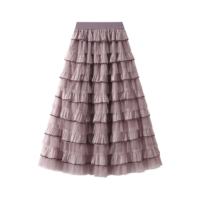 Süßer, bauschiger Tüll-Midirock für Damen, hohe Taille, gestufte Rüschen, A-Linie, süßer Stil, für Hochzeitsgäste, Einheitsgröße, Polyester – Detail 4