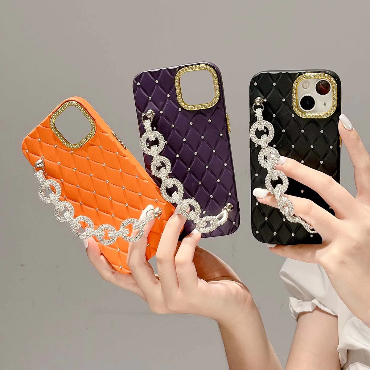 

Luxury Solid Color Grid Glitter Gem Cover For iPhone 14 13 12 11 Pro Max Wrist Strap Jewelled Bling Diamond Phone Shell Case New