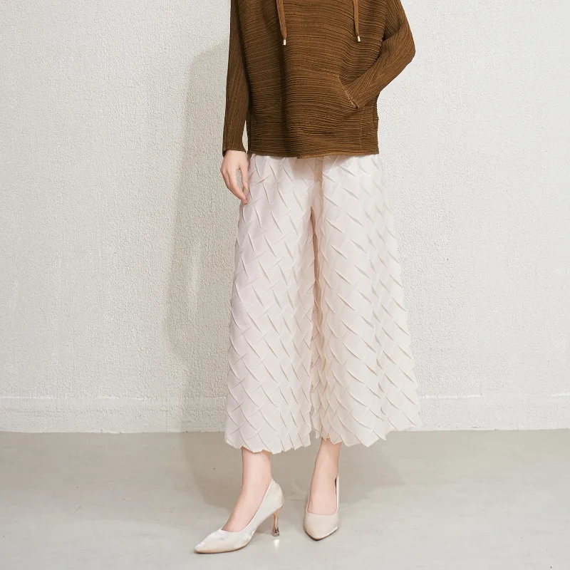 مياكي 2026 ربيع جديد النساء السراويل تنوعا مرونة الخصر مربع مطوي تسع دقائق واسعة الساق السراويل حجم كبير تمتد الملابس