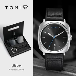 TOMI 2PCS Men Casual Fashion Watch Glasses Gift Set Classic Simple Square Case Men Quartz Watch Watch Clock Gift Set Reloj
