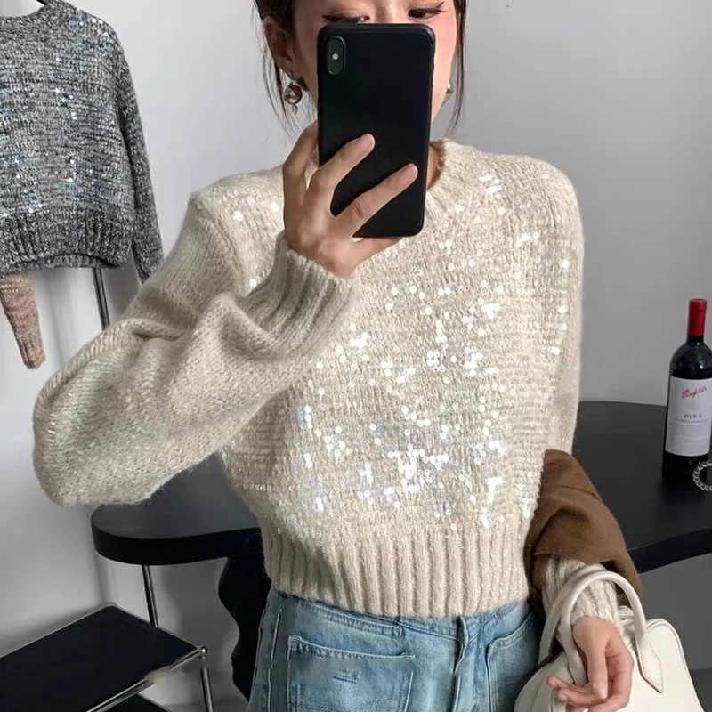 

French Sequins Knitshirts Women Autumn Winter O-neck Pullover Sweater All-matched Long Sleeve Female Knitted Tops