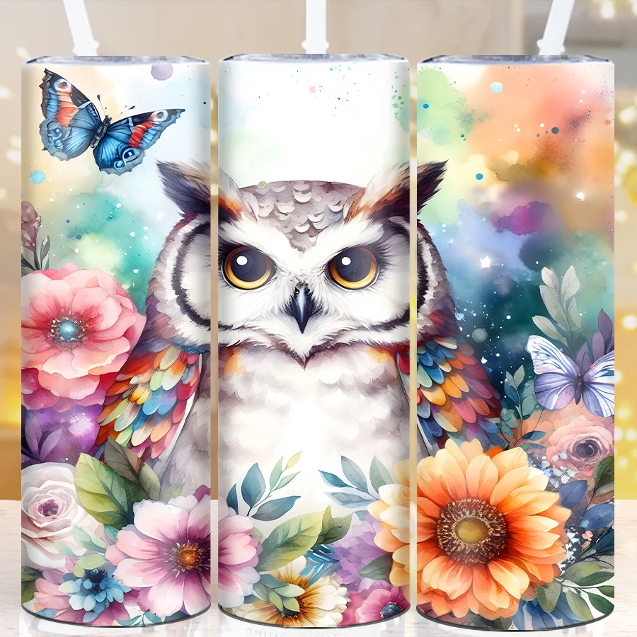 

20oz 3D Party Festive Owl Tumblers Straw Lid 1Pc Stainless Steel Skinny Straight Coffee Bottle Christmas Thanksgiving Party Cups