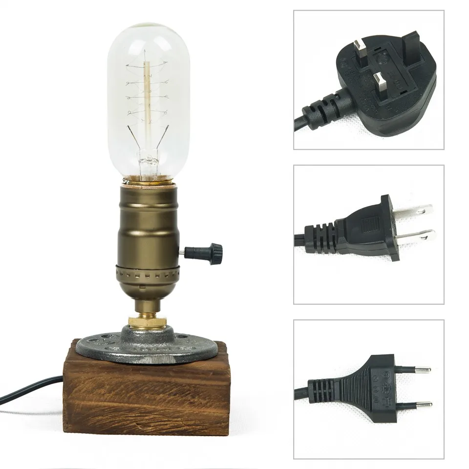 Vintage Wood Table Lamp Industrial Iron Desk Lamp Dimmable Switch Edison Bulb Lighting Cafe Bar Retro Home Decor Table Light