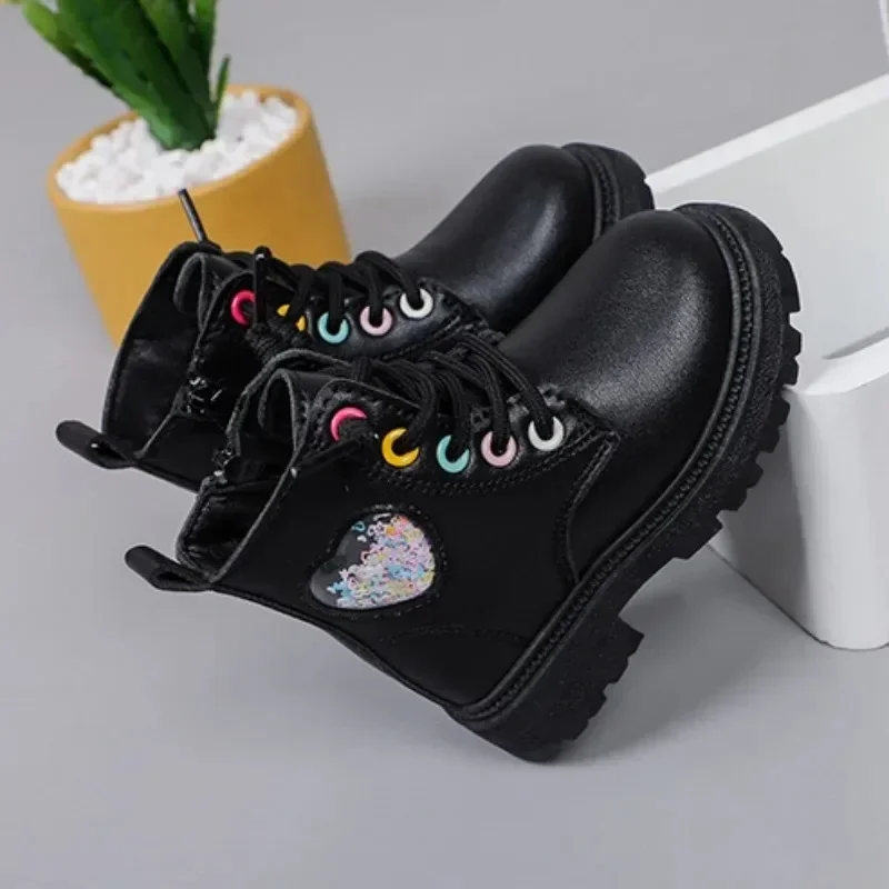 Modne buty dziewczęce Jesienne buty z miękkiej skóry na platformie Maluch Okrągłe palce Chunky Kids Shoes Casual Antypoślizgowe buty do kostki