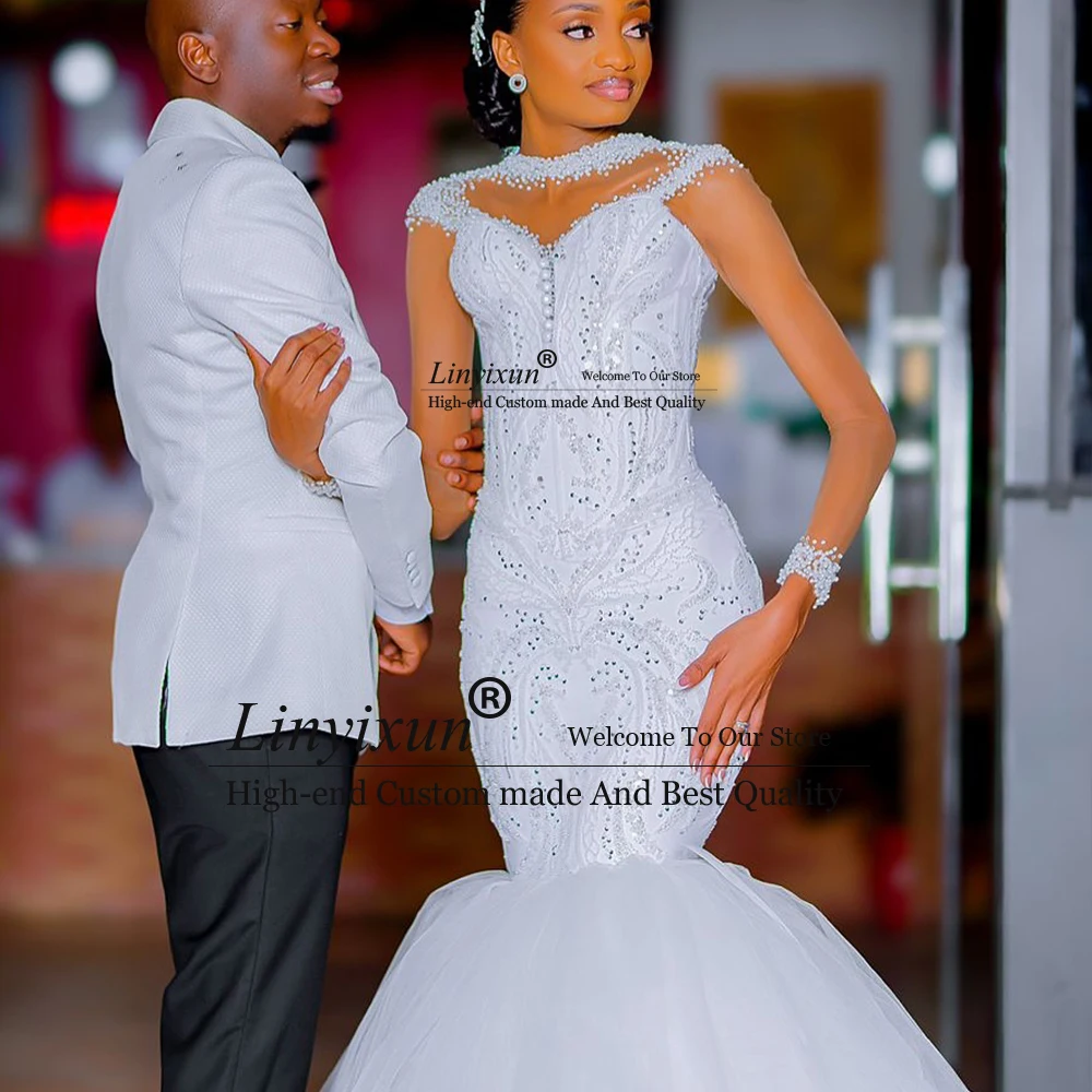 Unique Design Wedding Dresses 2025 Pearls Long Sleeves Bridal Gowns Luxury Mermaid Tulle Court Customized فساتين حفلا