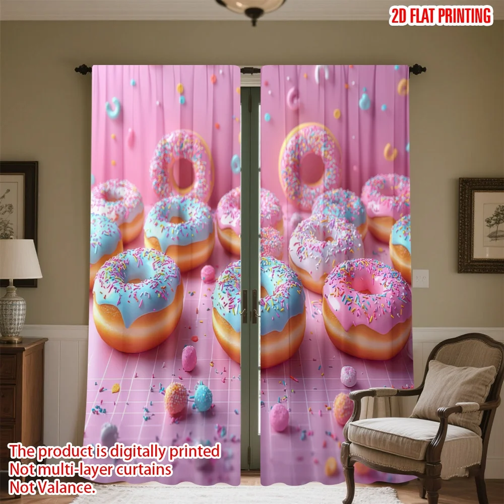 

2D flat printing 2pcs Curtains Pastel Donuts and Sprinkles Digital Printed Polyester Drapes Festive Holiday for Holiday