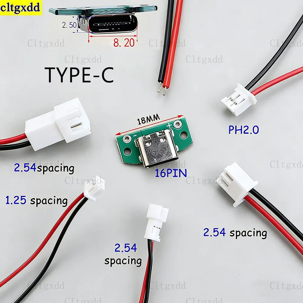 Cltgxdd 1-5piece Type-C16Pin with solder wire 2.54/1.25/PH2.0 female high current fast charging jack charger plug 5V3A connector
