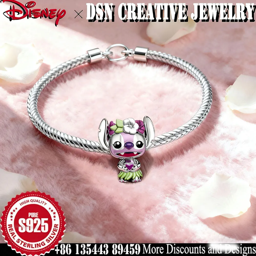 

DSN 925 Silver Charm Hawaiian style Disney Stitch Angel charms for snake chain Bracelet cute cartoon Jewelry Gift