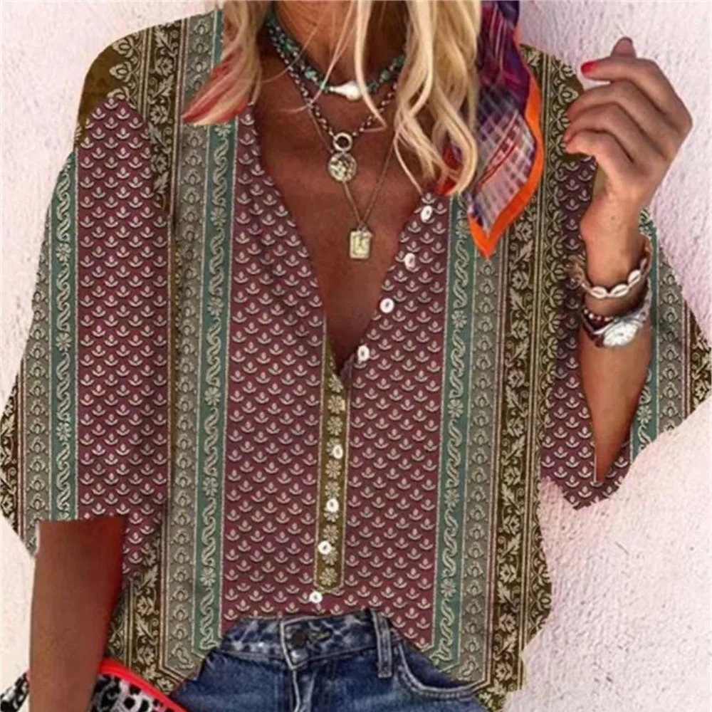 Ethnic Style Printed Cardigan Blouse 2024 Popular Fashion Autumn Women's Stand Up Collar Loose Button Retro Printed Casual Shirt